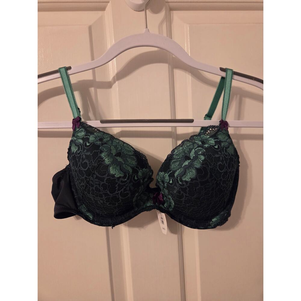 34D Adore Me Black Bra with Green Lace Accents